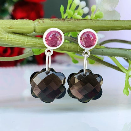 Smoky Quartz Pink Tourmaline Dangle Earrings 925 Sterling Silver Floral Gift For Her - BeadsBoatInc