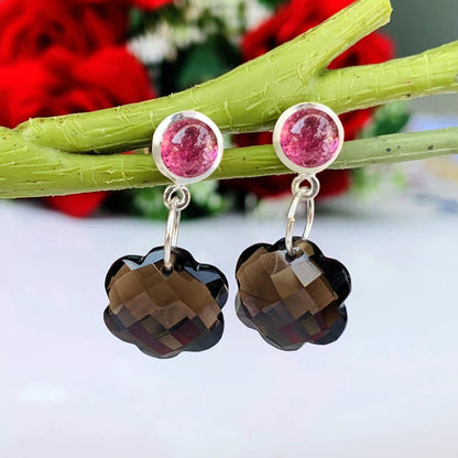 Smoky Quartz Pink Tourmaline Dangle Earrings 925 Sterling Silver Floral Gift For Her - BeadsBoatInc