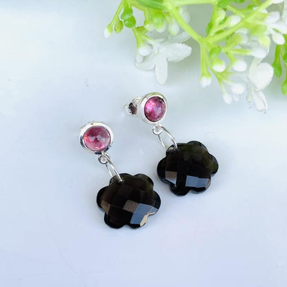 Smoky Quartz Pink Tourmaline Dangle Earrings 925 Sterling Silver Floral Gift For Her - BeadsBoatInc