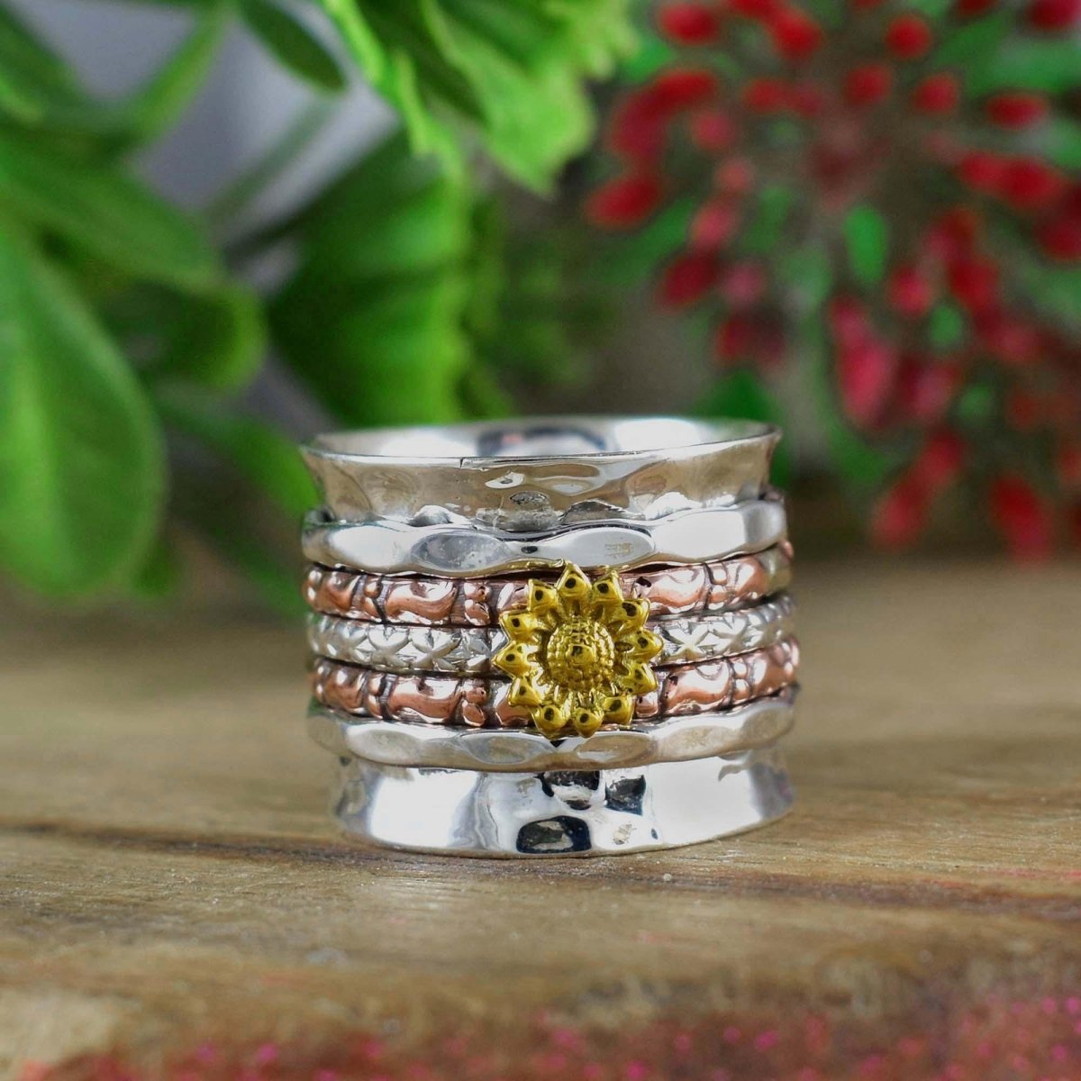 Spinning Flower Ring by Boho Sterling Cart – 925 Sterling Silver Wide Band – Sunflower Fidget Ring for Women – Statement Jewelry – R - 0003 - BeadsBoatInc