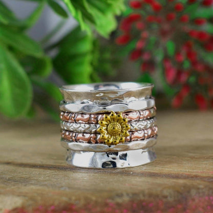 Spinning Flower Ring by Boho Sterling Cart – 925 Sterling Silver Wide Band – Sunflower Fidget Ring for Women – Statement Jewelry – R - 0003 - BeadsBoatInc
