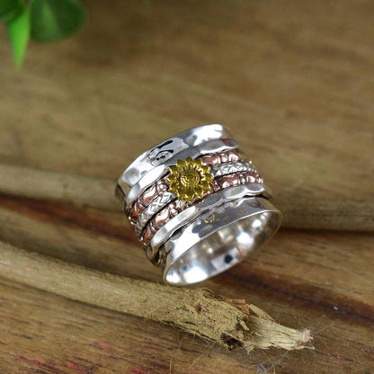 Spinning Flower Ring by Boho Sterling Cart – 925 Sterling Silver Wide Band – Sunflower Fidget Ring for Women – Statement Jewelry – R - 0003 - BeadsBoatInc