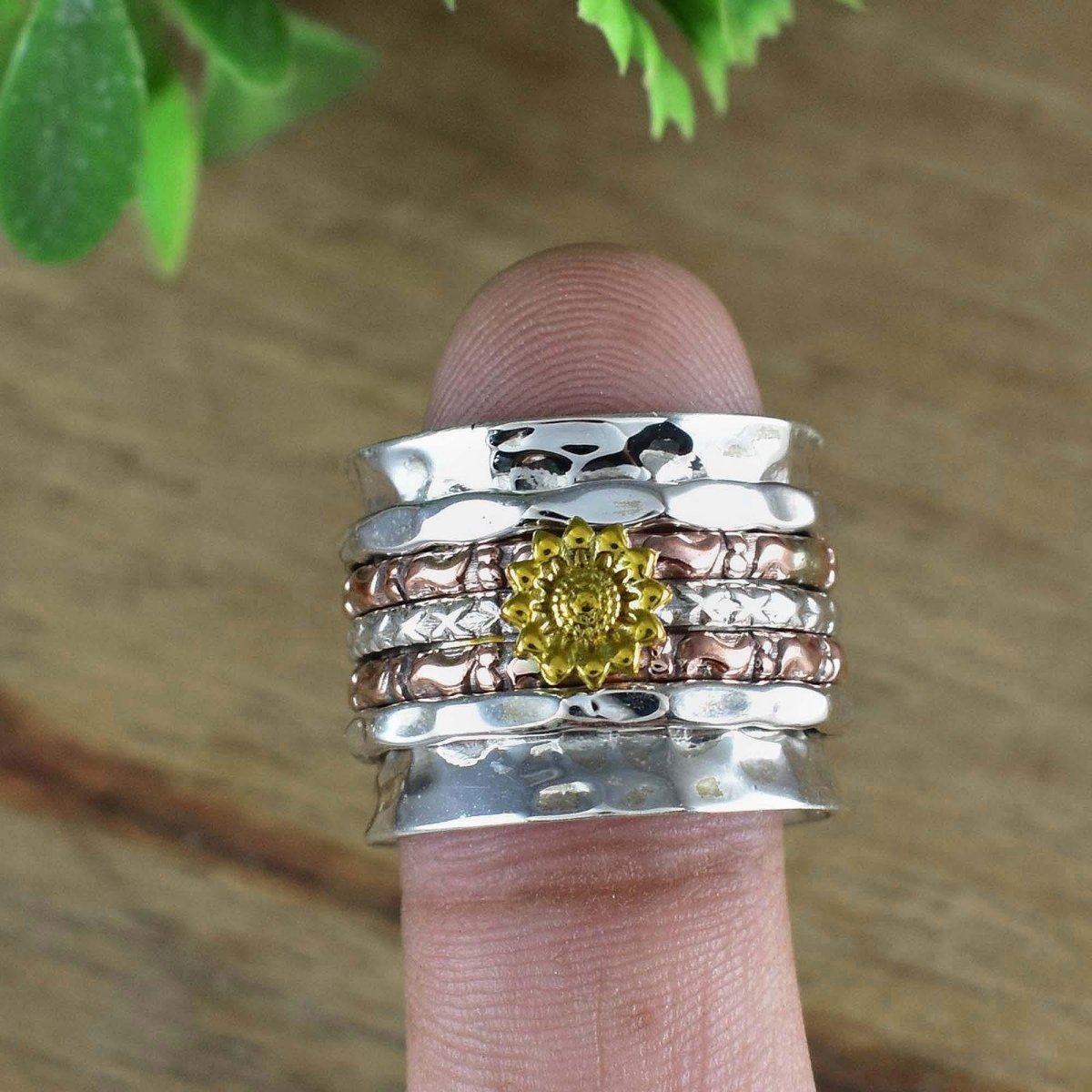 Spinning Flower Ring by Boho Sterling Cart – 925 Sterling Silver Wide Band – Sunflower Fidget Ring for Women – Statement Jewelry – R - 0003 - BeadsBoatInc