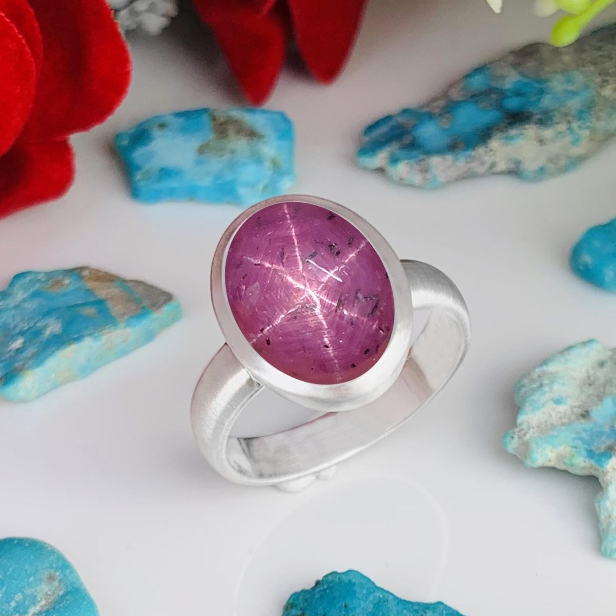 Star Ruby Ring in Sterling Silver ~ Natural Cabochon Gemstone with Visible Asterism ~ Matte Finish ~ Classic Style ~ Gift For Her - BeadsBoatInc