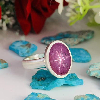 Star Ruby Ring in Sterling Silver ~ Natural Cabochon Gemstone with Visible Asterism ~ Matte Finish ~ Classic Style ~ Gift For Her - BeadsBoatInc