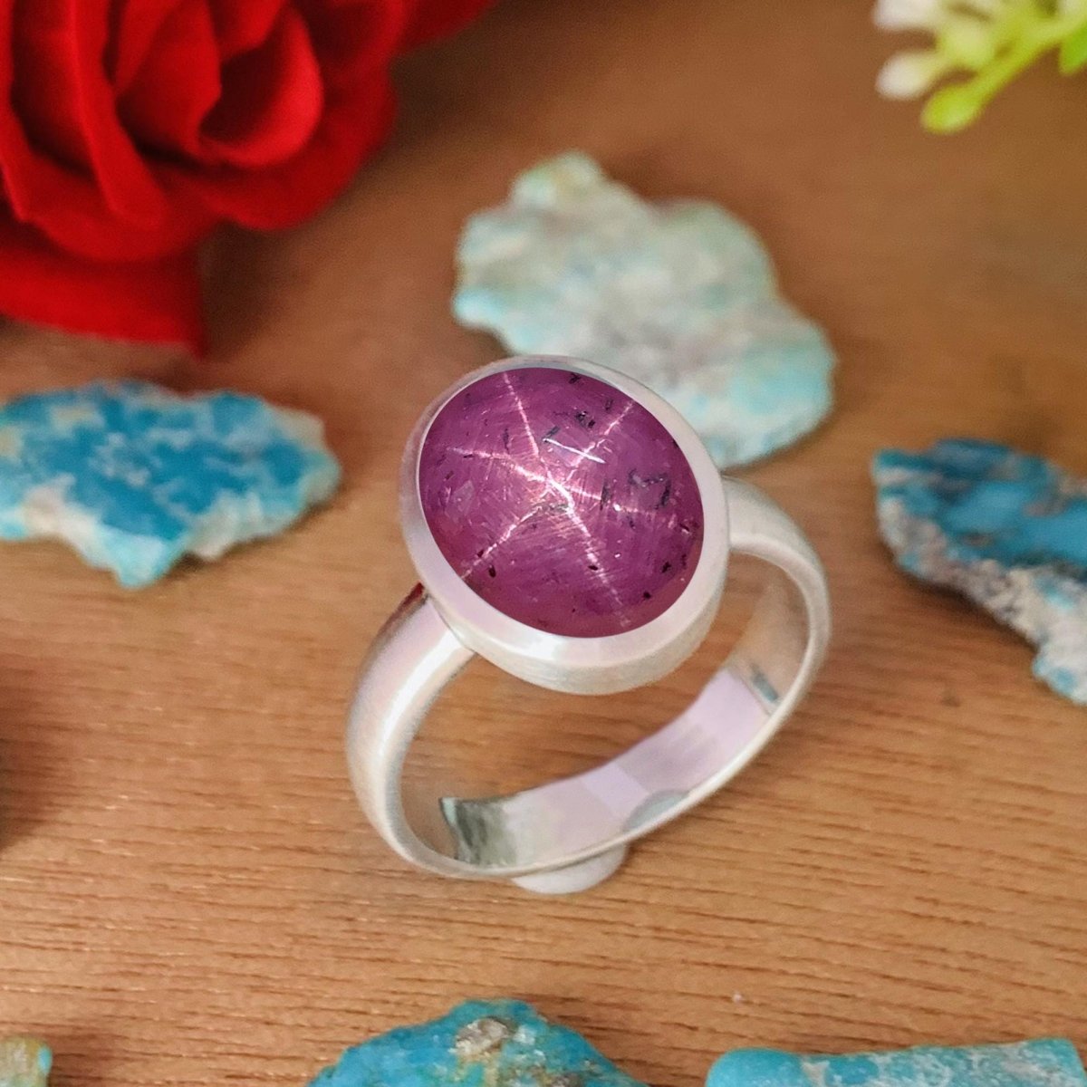 Star Ruby Ring in Sterling Silver ~ Natural Cabochon Gemstone with Visible Asterism ~ Matte Finish ~ Classic Style ~ Gift For Her - BeadsBoatInc