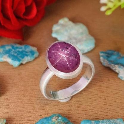 Star Ruby Ring in Sterling Silver ~ Natural Cabochon Gemstone with Visible Asterism ~ Matte Finish ~ Classic Style ~ Gift For Her - BeadsBoatInc