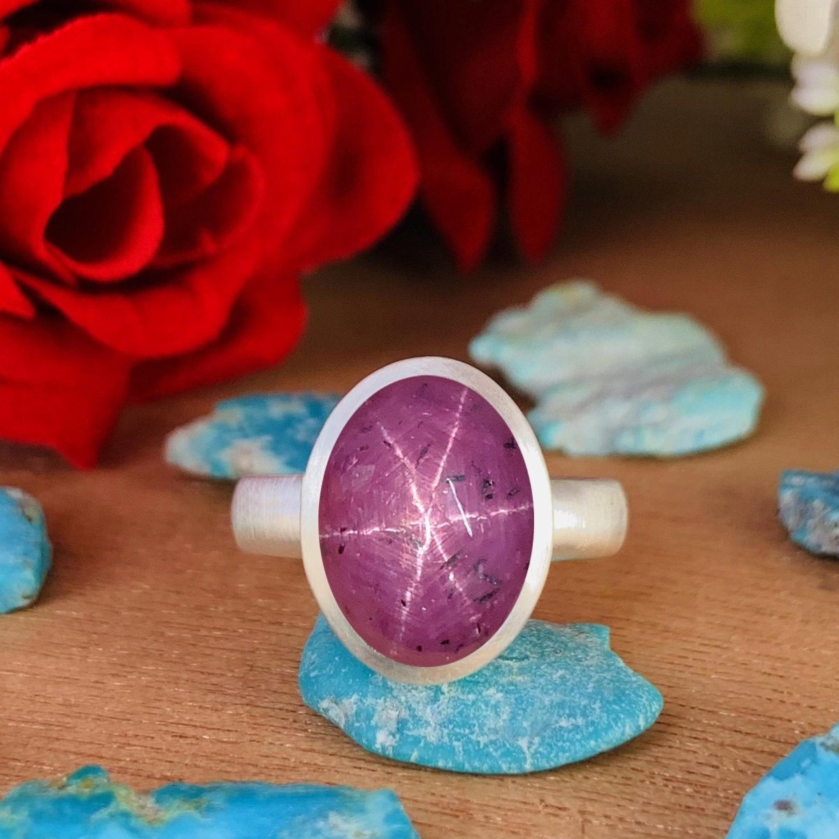 Star Ruby Ring in Sterling Silver ~ Natural Cabochon Gemstone with Visible Asterism ~ Matte Finish ~ Classic Style ~ Gift For Her - BeadsBoatInc