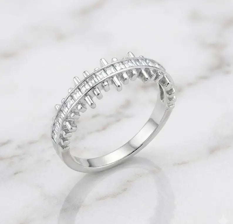 Sterling Silver Baguette CZ Eternity Ring, Channel Set Wedding Band - BeadsBoatInc