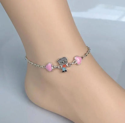 Sterling Silver Kids Anklet with Enamel Boy and Pink Heart Charms - BeadsBoatInc