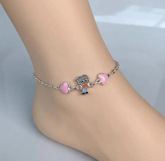 Sterling Silver Kids Anklet with Enamel Boy and Pink Heart Charms - BeadsBoatInc