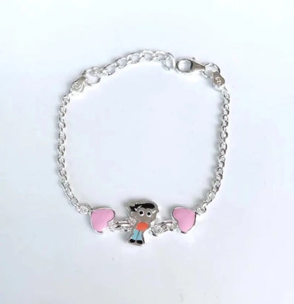 Sterling Silver Kids Anklet with Enamel Boy and Pink Heart Charms - BeadsBoatInc