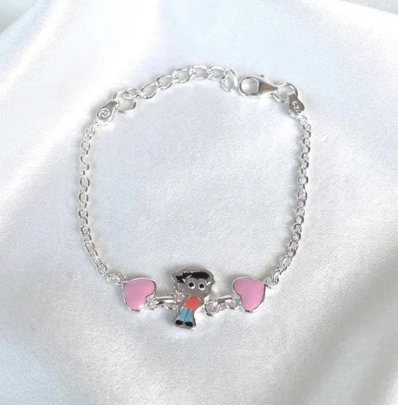 Sterling Silver Kids Anklet with Enamel Boy and Pink Heart Charms - BeadsBoatInc