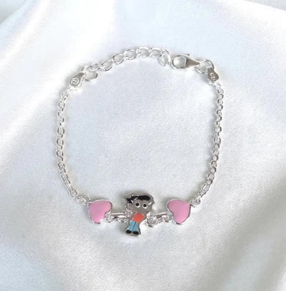 Sterling Silver Kids Anklet with Enamel Boy and Pink Heart Charms - BeadsBoatInc