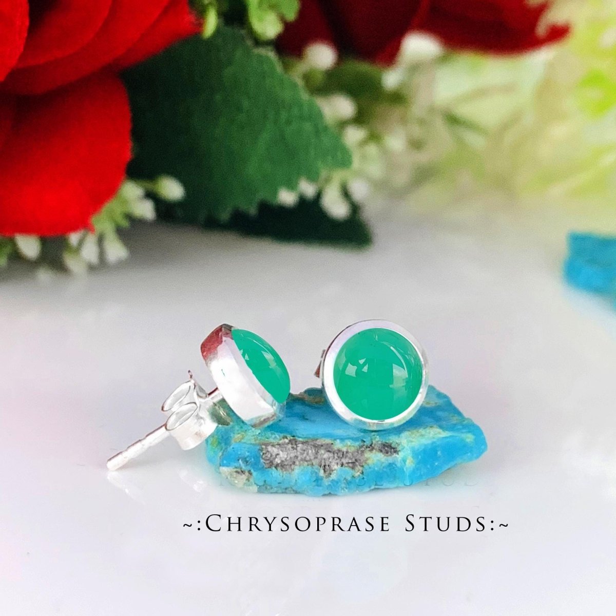 Sterling Silver Round Green Chrysoprase Stud Earrings - BeadsBoatInc