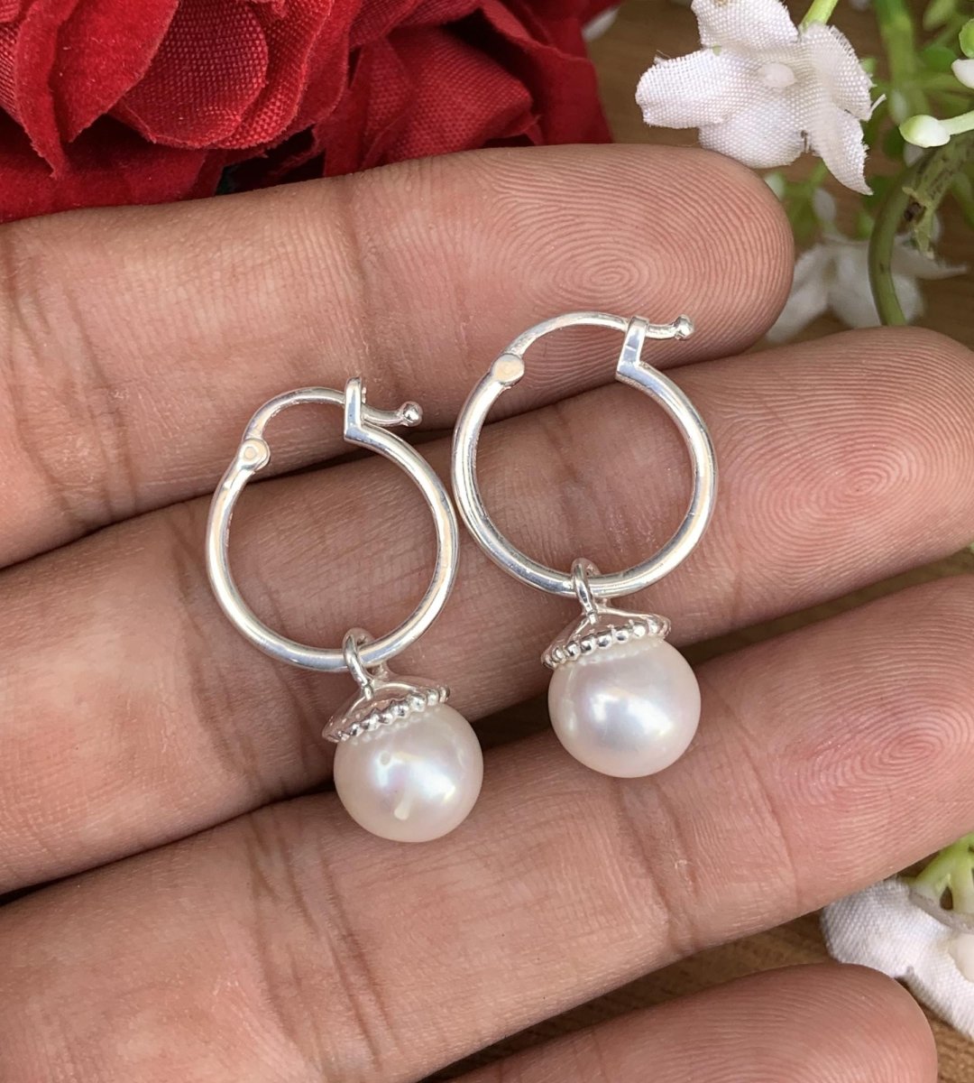 Swarovski Pearl Hoop Earrings in 925 Sterling Silver - Multiple Finish - BeadsBoatInc