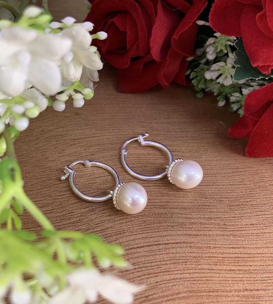 Swarovski Pearl Hoop Earrings in 925 Sterling Silver - Multiple Finish - BeadsBoatInc
