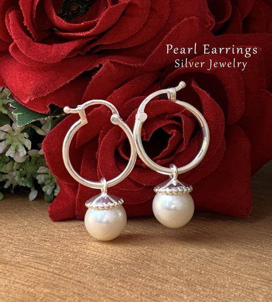 Swarovski Pearl Hoop Earrings in 925 Sterling Silver - Multiple Finish - BeadsBoatInc