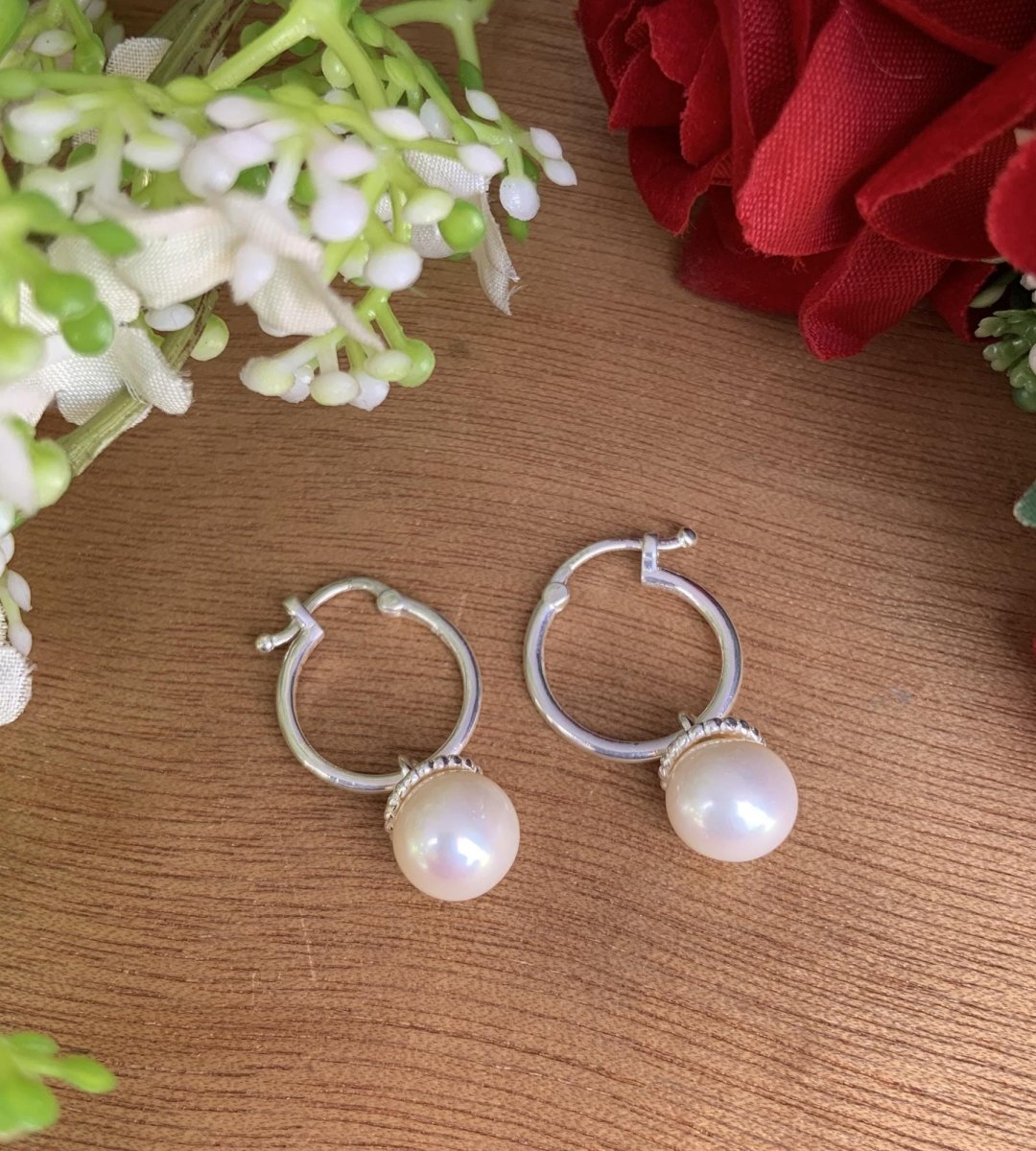 Swarovski Pearl Hoop Earrings in 925 Sterling Silver - Multiple Finish - BeadsBoatInc