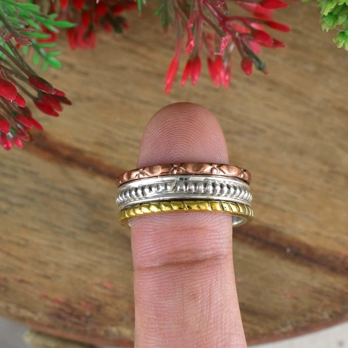 Three Tone Designer Chunky Silver Band By Boho Sterling Cart ~ 8.5 MM Wide Ring For Women ~ Stackable Band ~ Gift For Her ~ R - 0001 - BeadsBoatInc