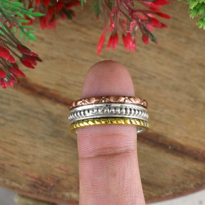 Three Tone Designer Chunky Silver Band By Boho Sterling Cart ~ 8.5 MM Wide Ring For Women ~ Stackable Band ~ Gift For Her ~ R - 0001 - BeadsBoatInc