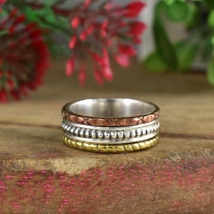 Three Tone Designer Chunky Silver Band By Boho Sterling Cart ~ 8.5 MM Wide Ring For Women ~ Stackable Band ~ Gift For Her ~ R - 0001 - BeadsBoatInc