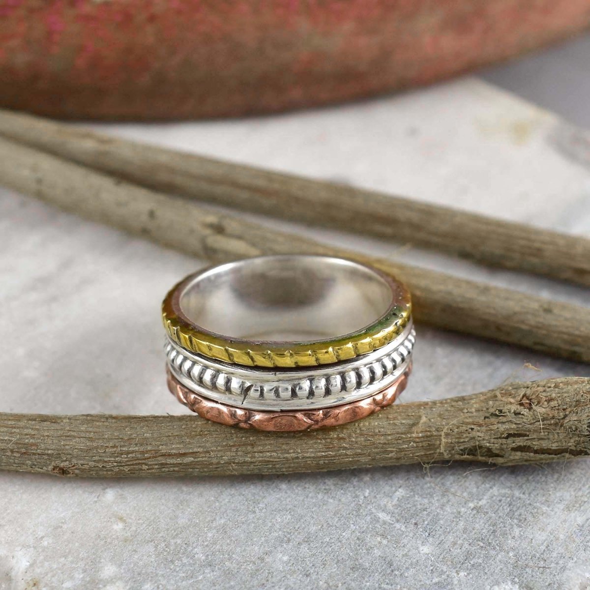 Three Tone Designer Chunky Silver Band By Boho Sterling Cart ~ 8.5 MM Wide Ring For Women ~ Stackable Band ~ Gift For Her ~ R - 0001 - BeadsBoatInc