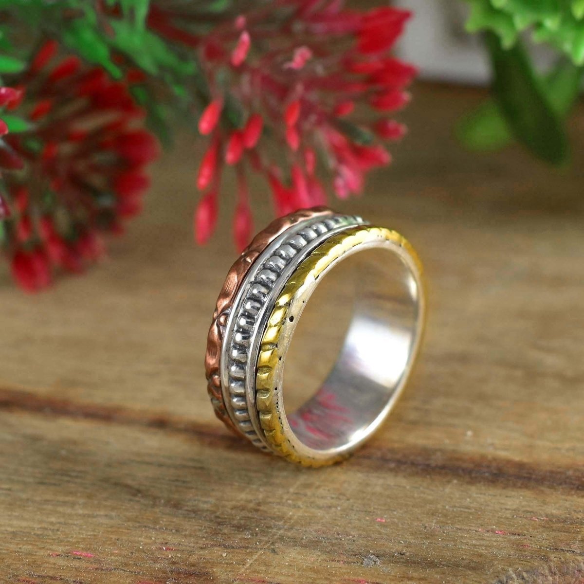 Three Tone Designer Chunky Silver Band By Boho Sterling Cart ~ 8.5 MM Wide Ring For Women ~ Stackable Band ~ Gift For Her ~ R - 0001 - BeadsBoatInc