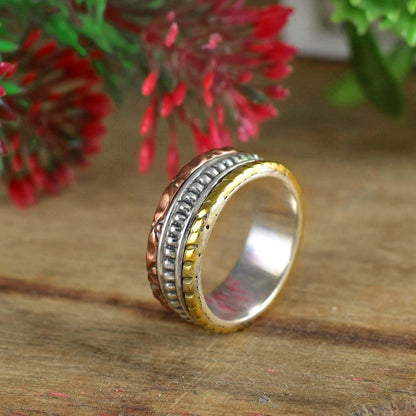 Three Tone Designer Chunky Silver Band By Boho Sterling Cart ~ 8.5 MM Wide Ring For Women ~ Stackable Band ~ Gift For Her ~ R - 0001 - BeadsBoatInc
