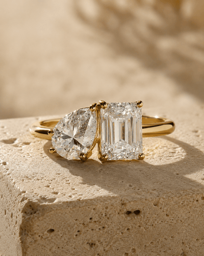 Toi Et Moi Engagement Ring - Pear & Emerald Cut Moissanite - Two Stone Solid Gold Wedding Ring - BeadsBoatInc