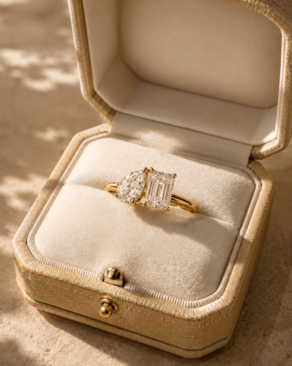 Toi Et Moi Engagement Ring - Pear & Emerald Cut Moissanite - Two Stone Solid Gold Wedding Ring - BeadsBoatInc