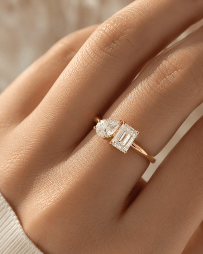 Toi Et Moi Engagement Ring - Pear & Emerald Cut Moissanite - Two Stone Solid Gold Wedding Ring - BeadsBoatInc