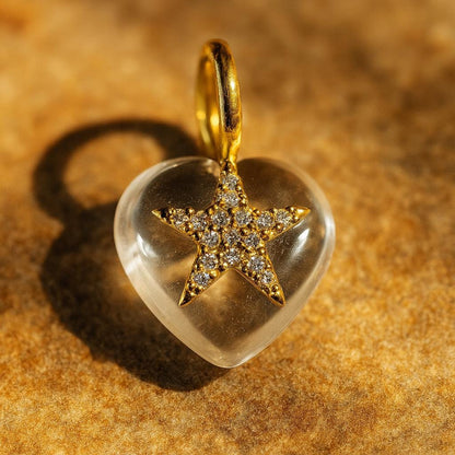 White Crystal Heart and Gold Star CZ Pendant Dainty Necklace for Women - BeadsBoatInc