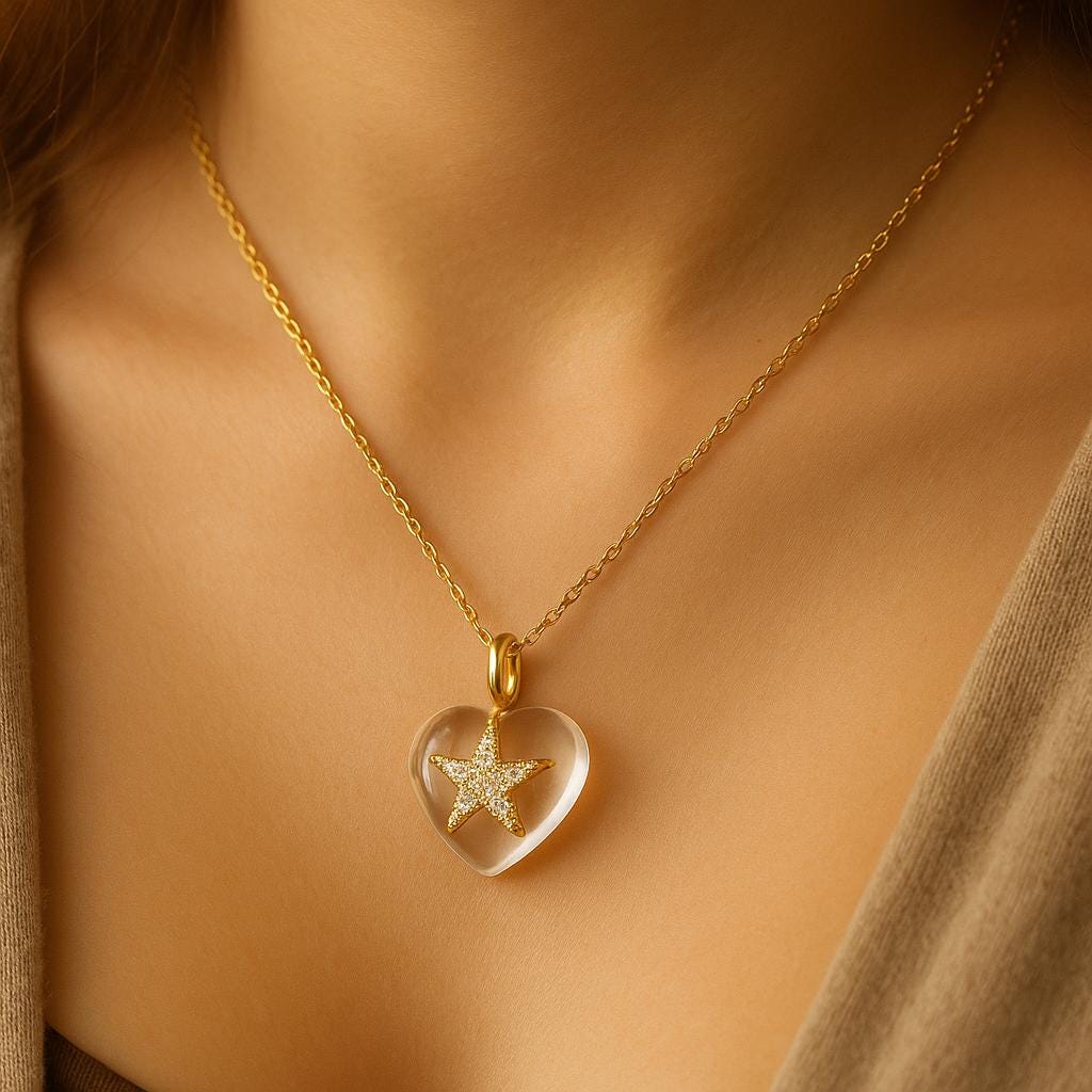 White Crystal Heart and Gold Star CZ Pendant Dainty Necklace for Women - BeadsBoatInc