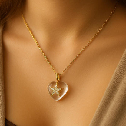 White Crystal Heart and Gold Star CZ Pendant Dainty Necklace for Women - BeadsBoatInc