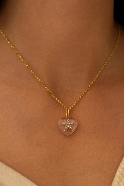 White Crystal Heart and Gold Star Necklace Pink CZ Dainty Pendant for Women - BeadsBoatInc