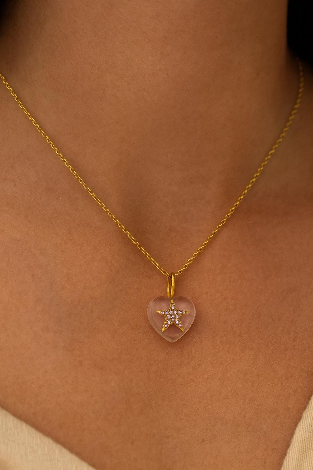 White Crystal Heart and Gold Star Necklace Pink CZ Dainty Pendant for Women - BeadsBoatInc