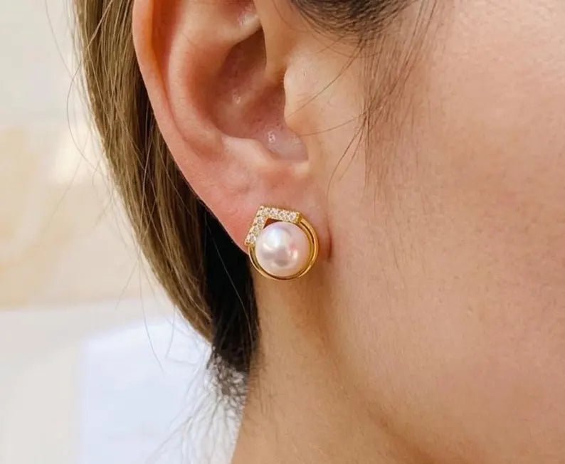 White Pearl Stud Earrings, 925 Sterling Silver CZ Earrings - BeadsBoatInc