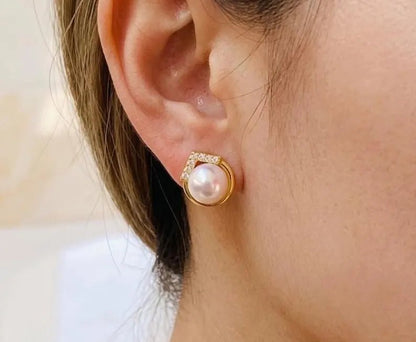White Pearl Stud Earrings, 925 Sterling Silver CZ Earrings - BeadsBoatInc