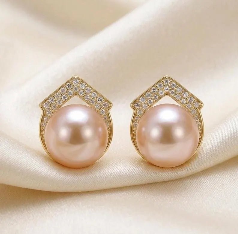 White Pearl Stud Earrings, 925 Sterling Silver CZ Earrings - BeadsBoatInc